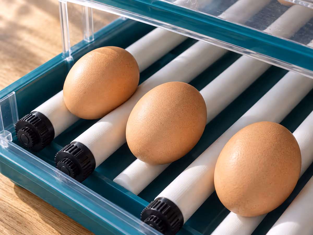 Vue rapprochée des rouleaux parallèles de la couveuse, trois oeufs bruns posés entre les barres blanches, capot transparent relevé, lumière du jour sur le côté