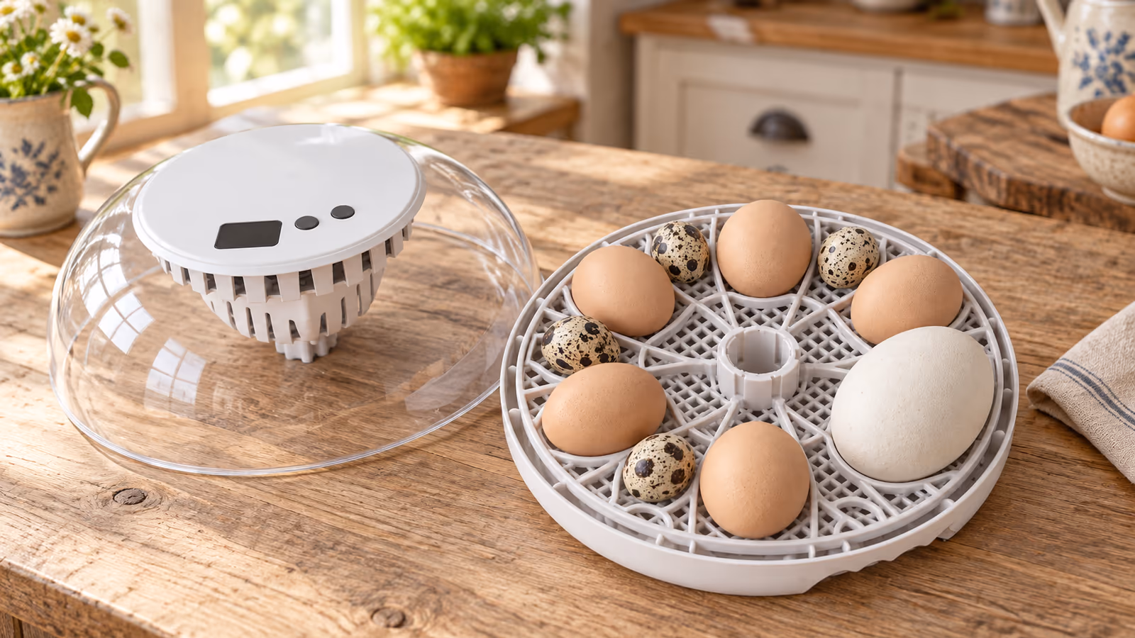 Couveuse blanche au couvercle transparent ouvert sur une table, grille à logements où des oeufs bruns de poule voisinent avec des oeufs plus grands de cane