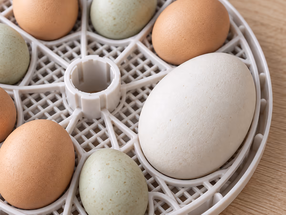 Gros plan sur la grille blanche à logements de la couveuse, un gros oeuf blanc d'oie posé dans une case au milieu d'oeufs bruns et verts de taille moyenne