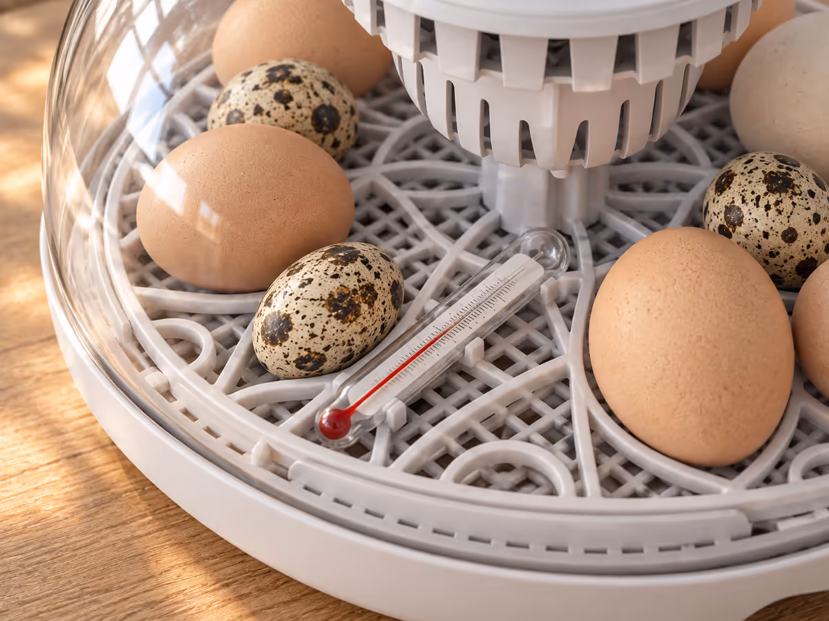 Thermomètre analogique posé à plat sur la grille blanche entre des oeufs tachetés de cane, couvercle transparent refermé, lumière douce de fin de journée