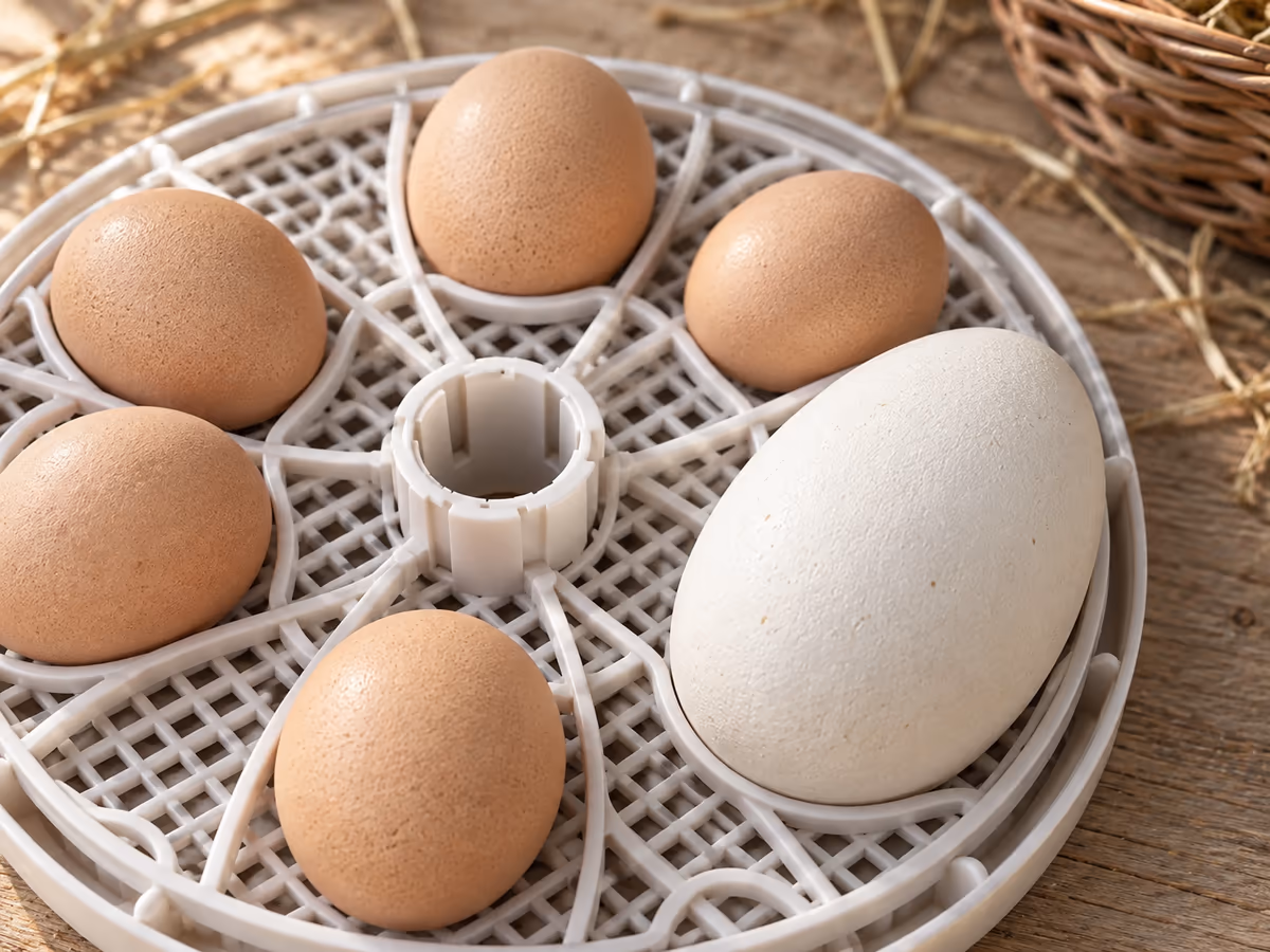 Gros plan sur la grille d'un plateau de couveuse où un gros oeuf blanc d'oie voisine avec des oeufs bruns de poule et de cane