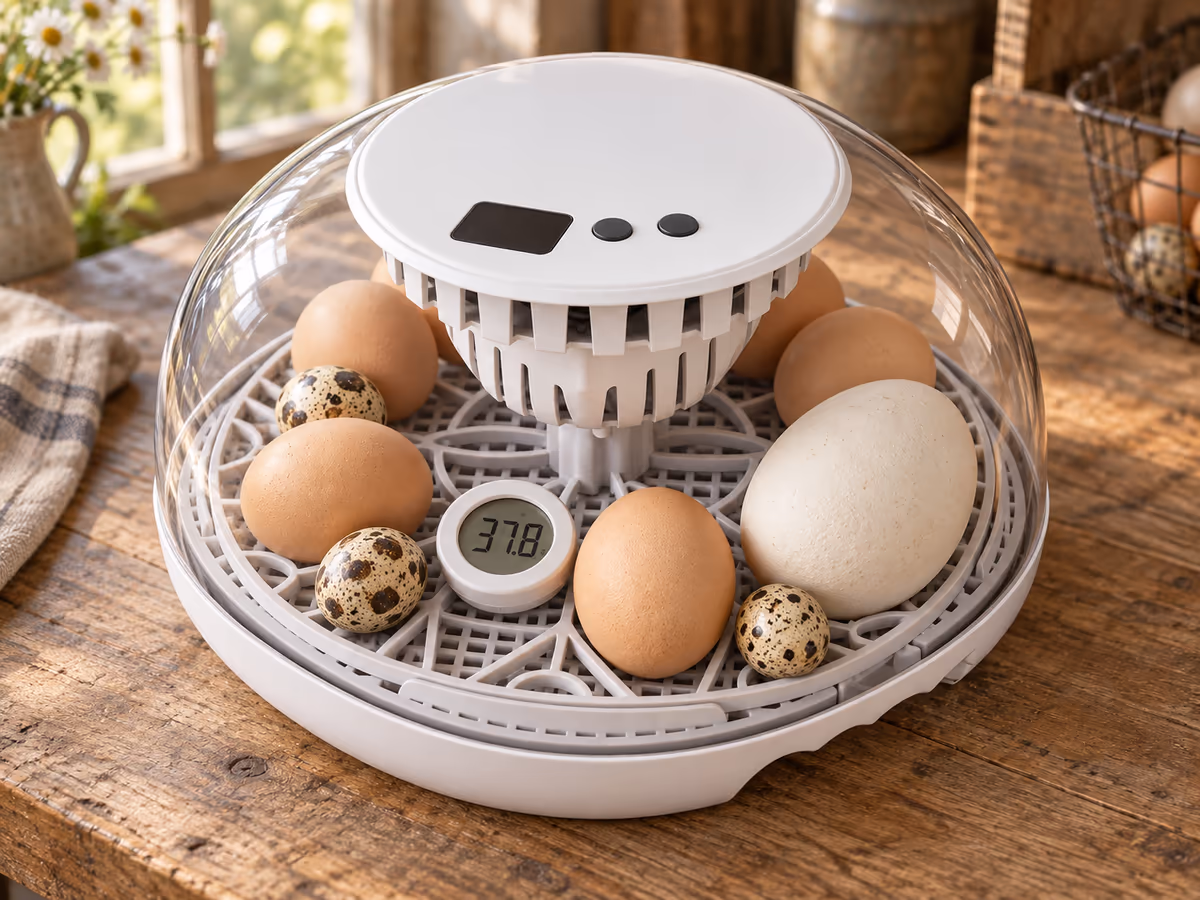 Thermomètre à écran posé sur la grille d'une couveuse entre des oeufs de tailles différentes, couvercle transparent refermé