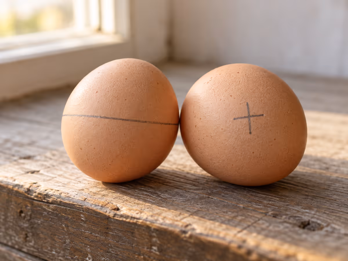 Deux oeufs bruns posés côte à côte sur un rebord de bois, un trait de crayon sur l'un, une croix sur l'autre, lumière douce du matin