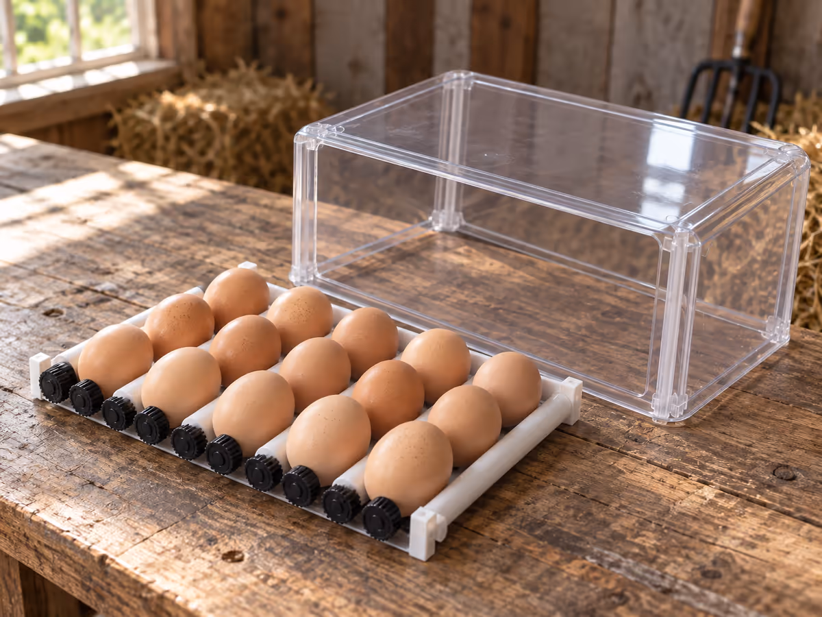 Tiroir à rouleaux sorti sur une table de grange, capot transparent relevé à côté, oeufs bruns visibles entre les barres blanches