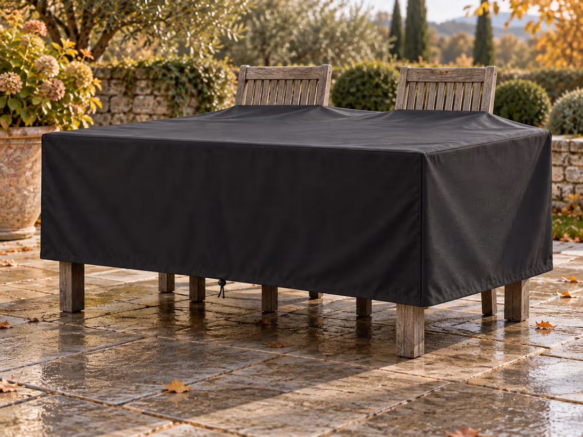 Dossiers de deux chaises de jardin dépassant sous une housse de table noire dont la retombée s'arrête au-dessus des dalles
