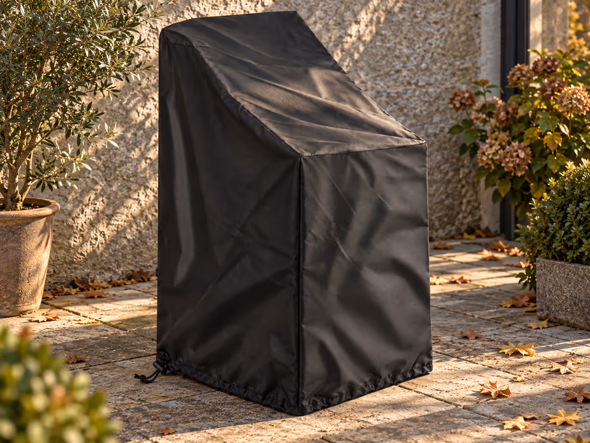 Pile de chaises de jardin couverte d'une housse noire à cordon, contre un mur de terrasse en lumière rasante d'octobre