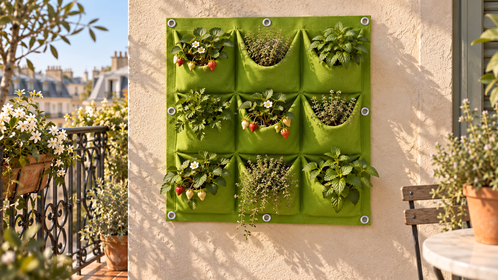 Panneau mural en feutre à neuf pochettes garni d'aromatiques et de fraisiers sur le mur d'un balcon au soleil du matin