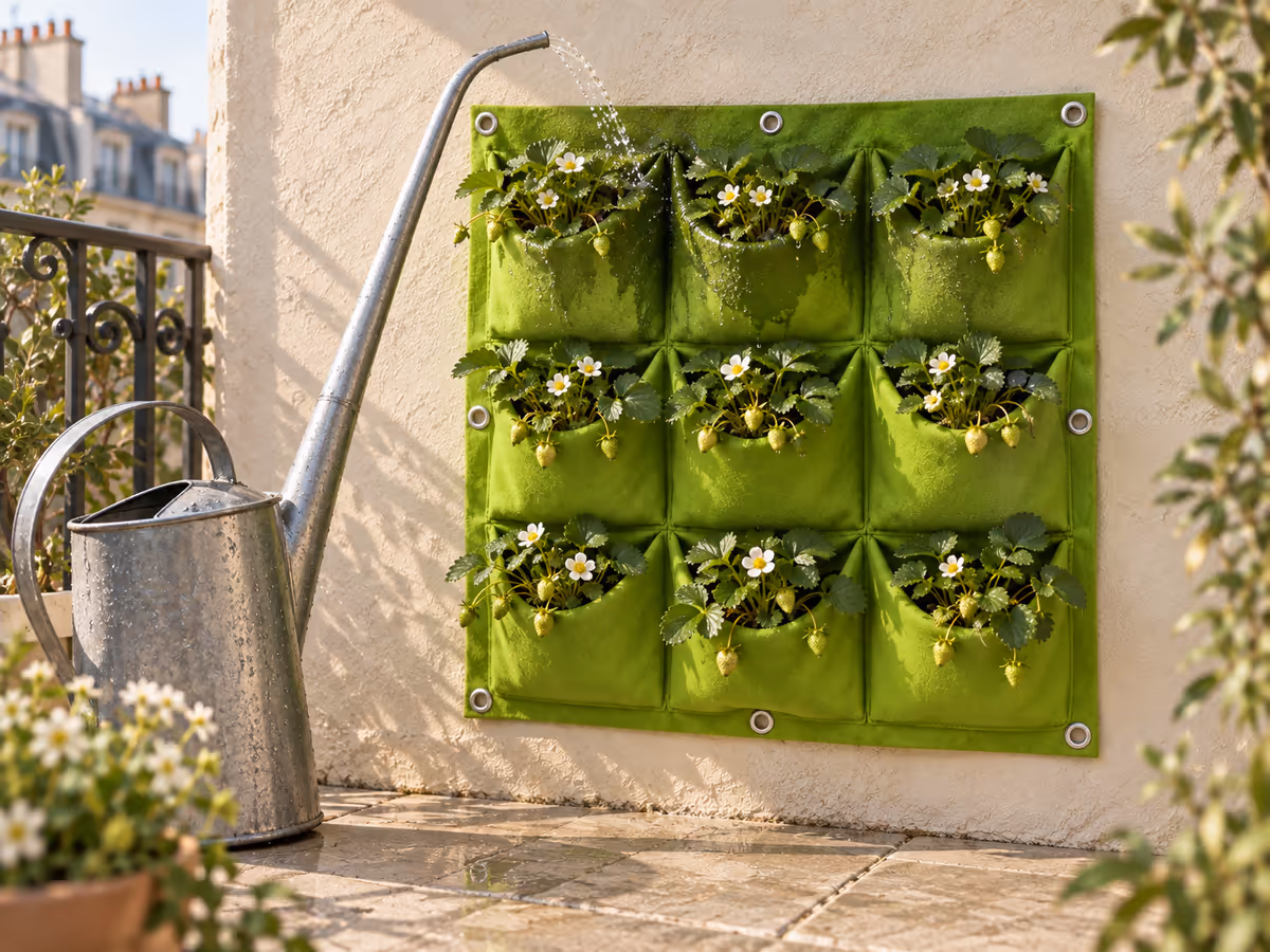 Bec fin d'un arrosoir versant de l'eau sur les pochettes du haut d'un panneau en feutre planté de fraisiers en fleurs