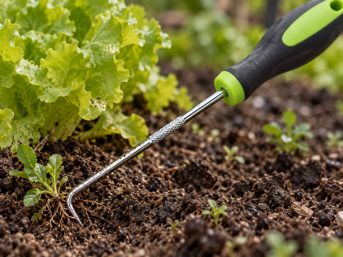 Gros plan sur la pointe fine en J d'un crochet extracteur, tige polie, plantée dans une terre foncée légèrement humide au pied d'une salade