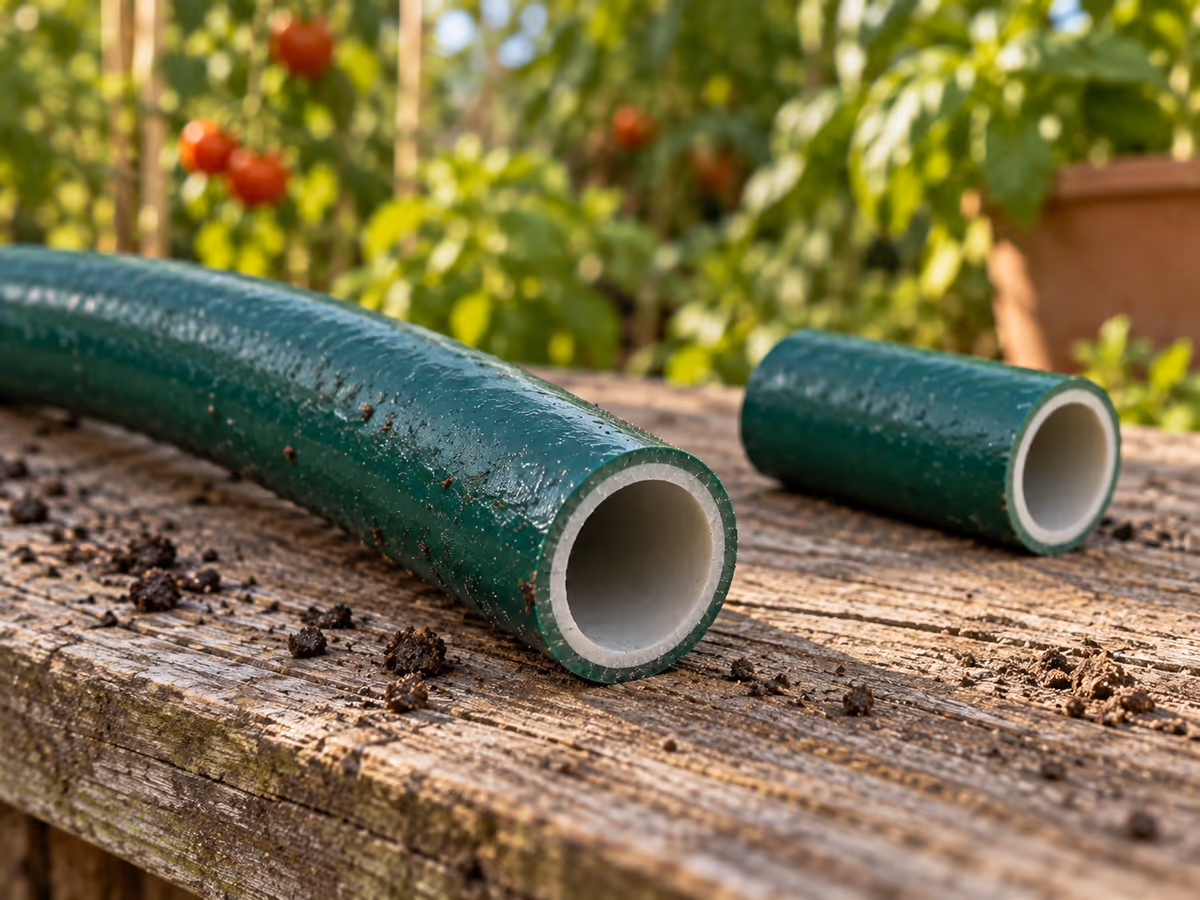 Extrémité d'un tuyau d'arrosage vert coupée bien droit sur une planche, chant net sans bavure