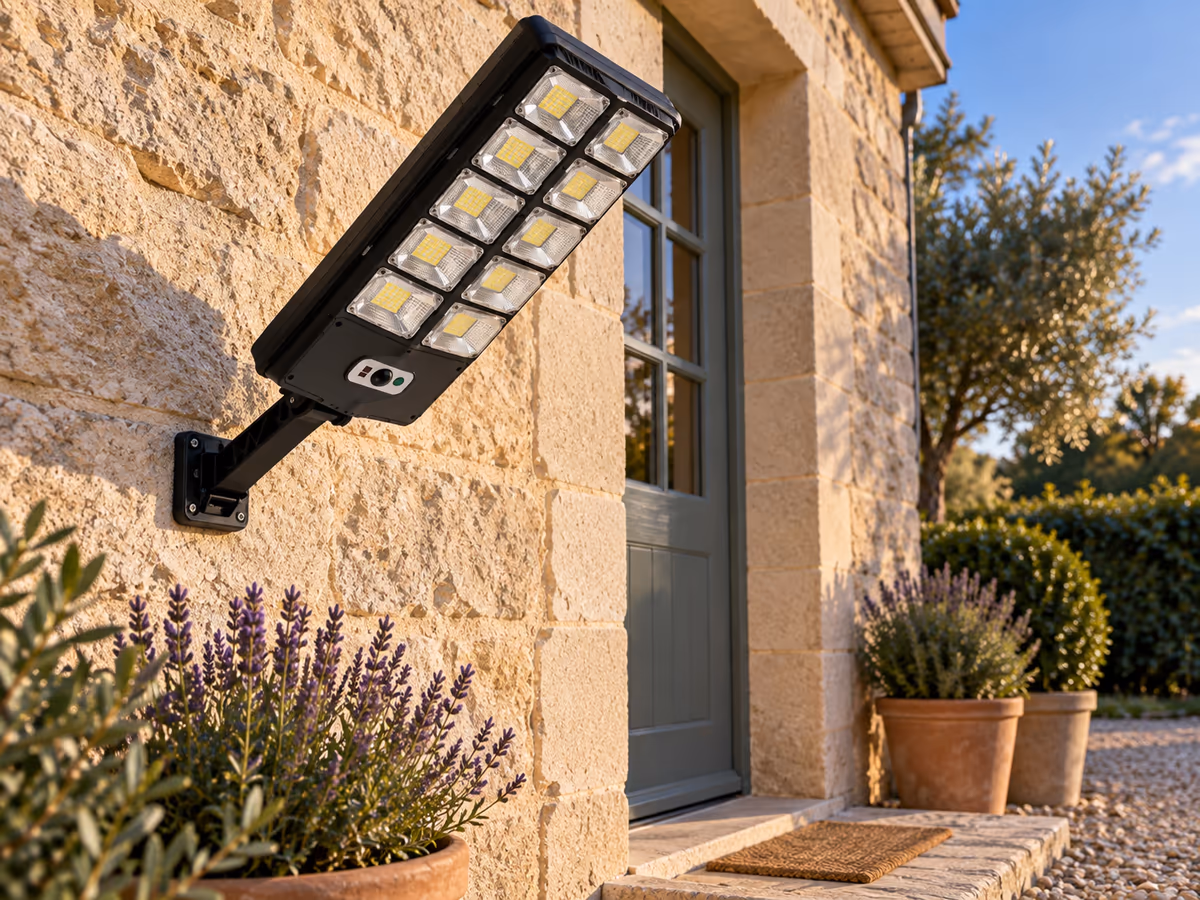 Bras de fixation articulé d'une applique solaire incliné contre un mur, corps orienté vers le bas au-dessus d'un seuil de porte