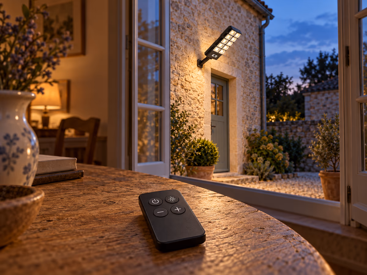 Télécommande de lampe posée sur un rebord de table, près d'une porte-fenêtre éclairée par une applique solaire au crépuscule
