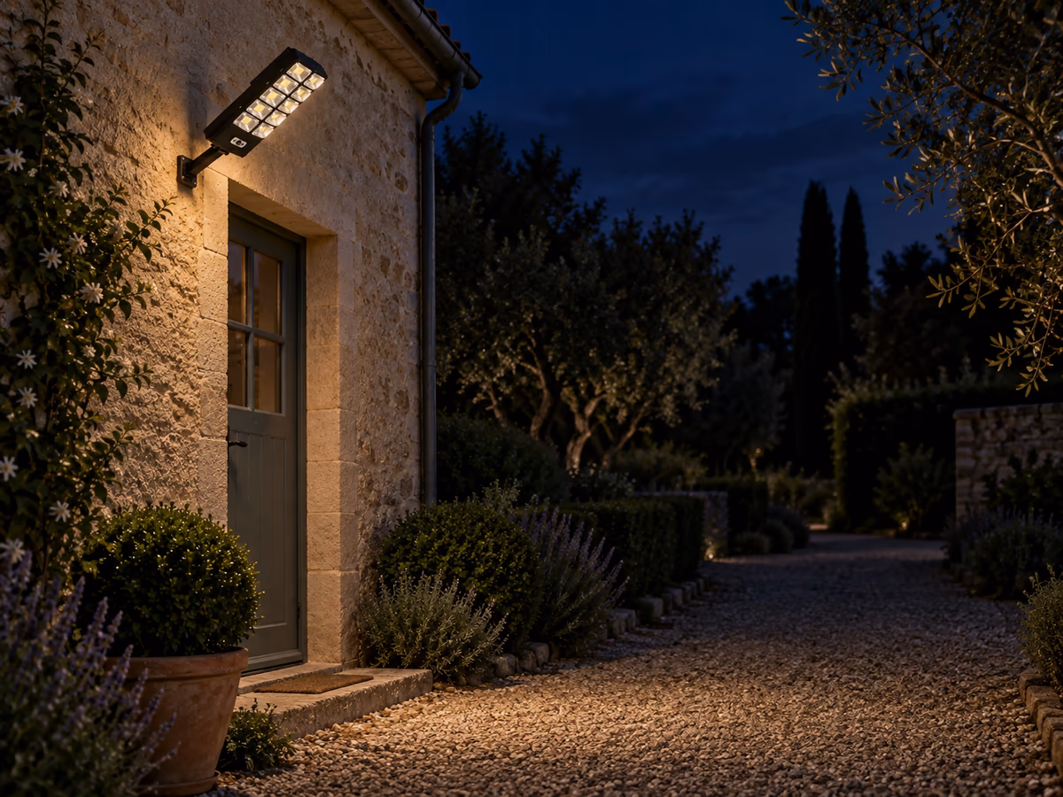 Jardin de nuit, applique solaire en lumière douce au-dessus d'une porte, faisceau étroit tombant sur une allée vide