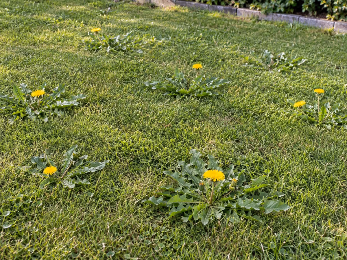 Pelouse tondue au printemps semée de rosettes de pissenlits jaunes et vertes, vue en plongée légère, gazon court, lumière du matin