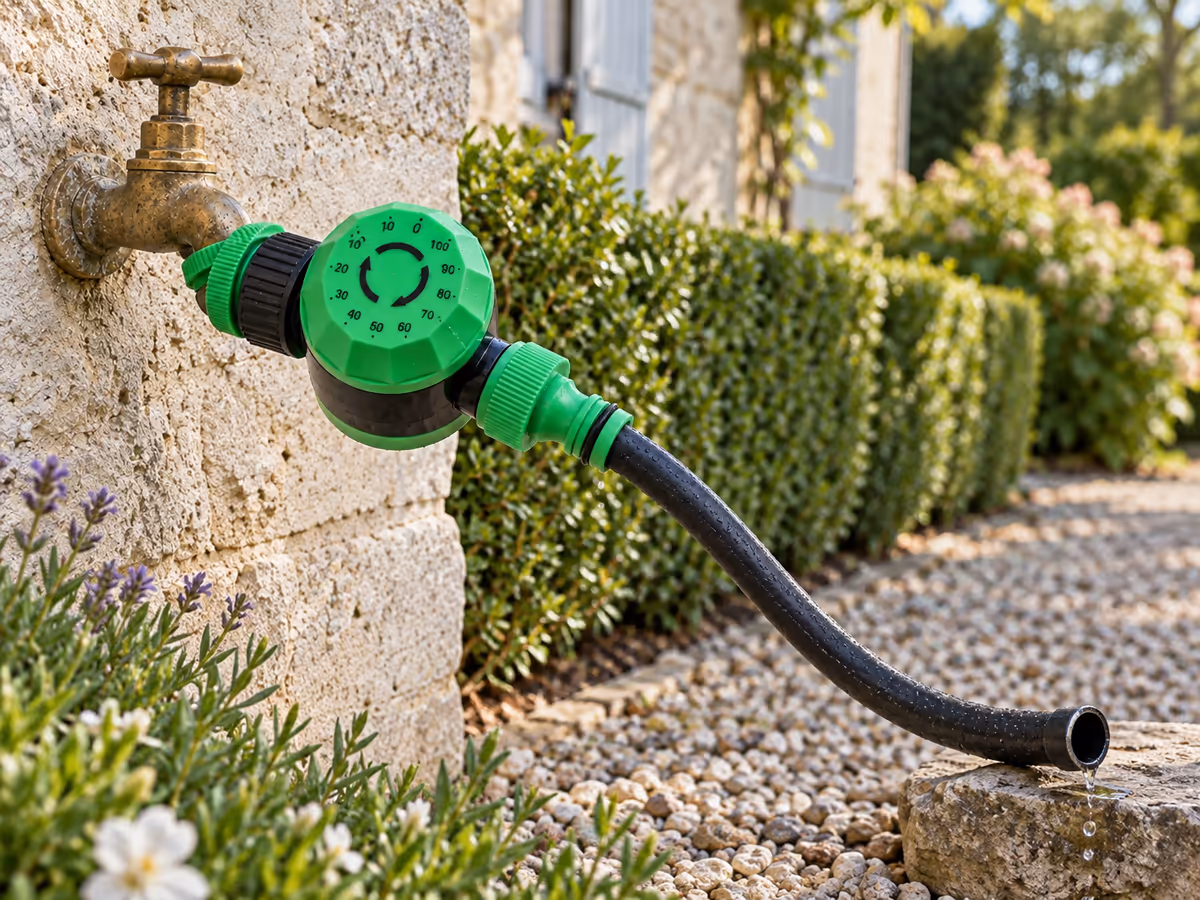 Minuteur d'arrosage vissé sur un robinet extérieur, tuyau branché, gouttes d'eau au cycle de contrôle, lumière de printemps