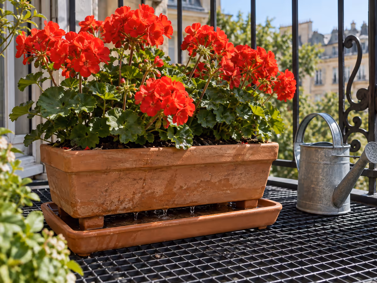 Jardinière de géraniums arrosée sur une grille de balcon, l'eau en excès s'égouttant vers une soucoupe déjà pleine