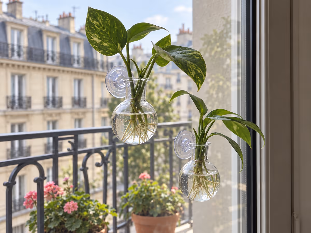 Deux vases muraux transparents fixés par ventouses sur la vitre d'un balcon, boutures de pothos dont les racines se lisent dans l'eau claire