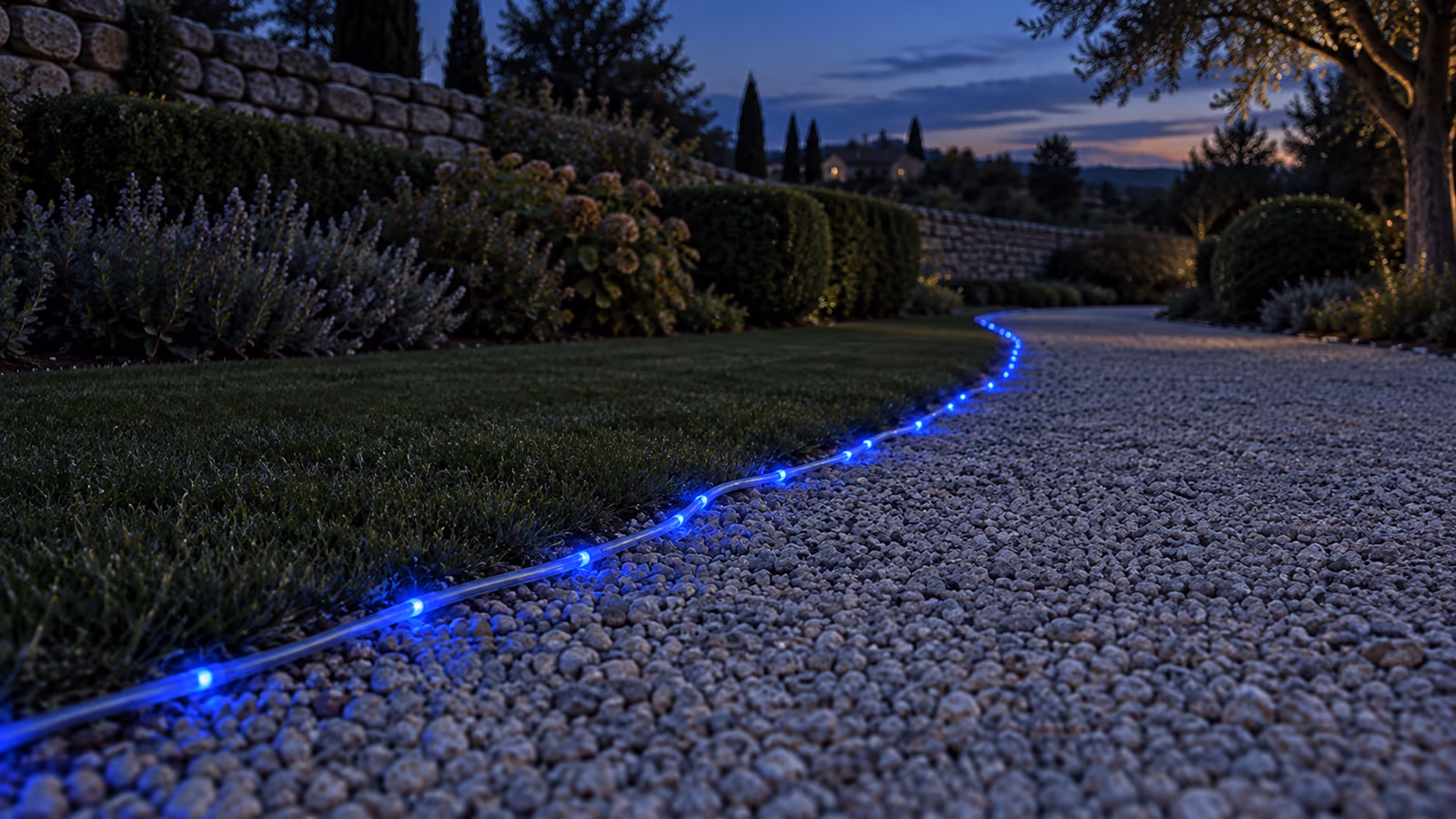 Allée de gravier bordée d'une fine corde lumineuse bleue au crépuscule, pelouse rase et massif de vivaces en fond