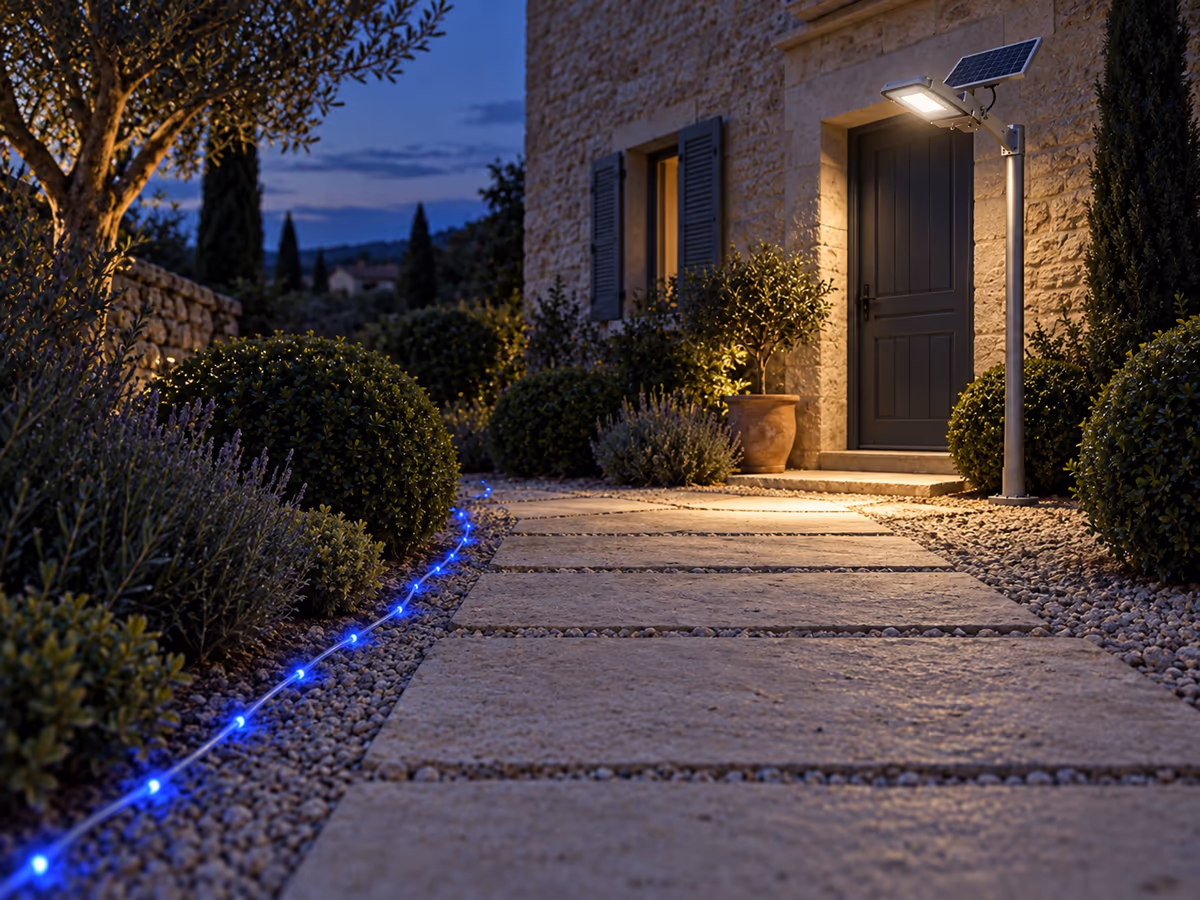 Allée de jardin au crépuscule avec une corde bleue au sol à gauche et un lampadaire solaire en aluminium éclairant les dalles au fond