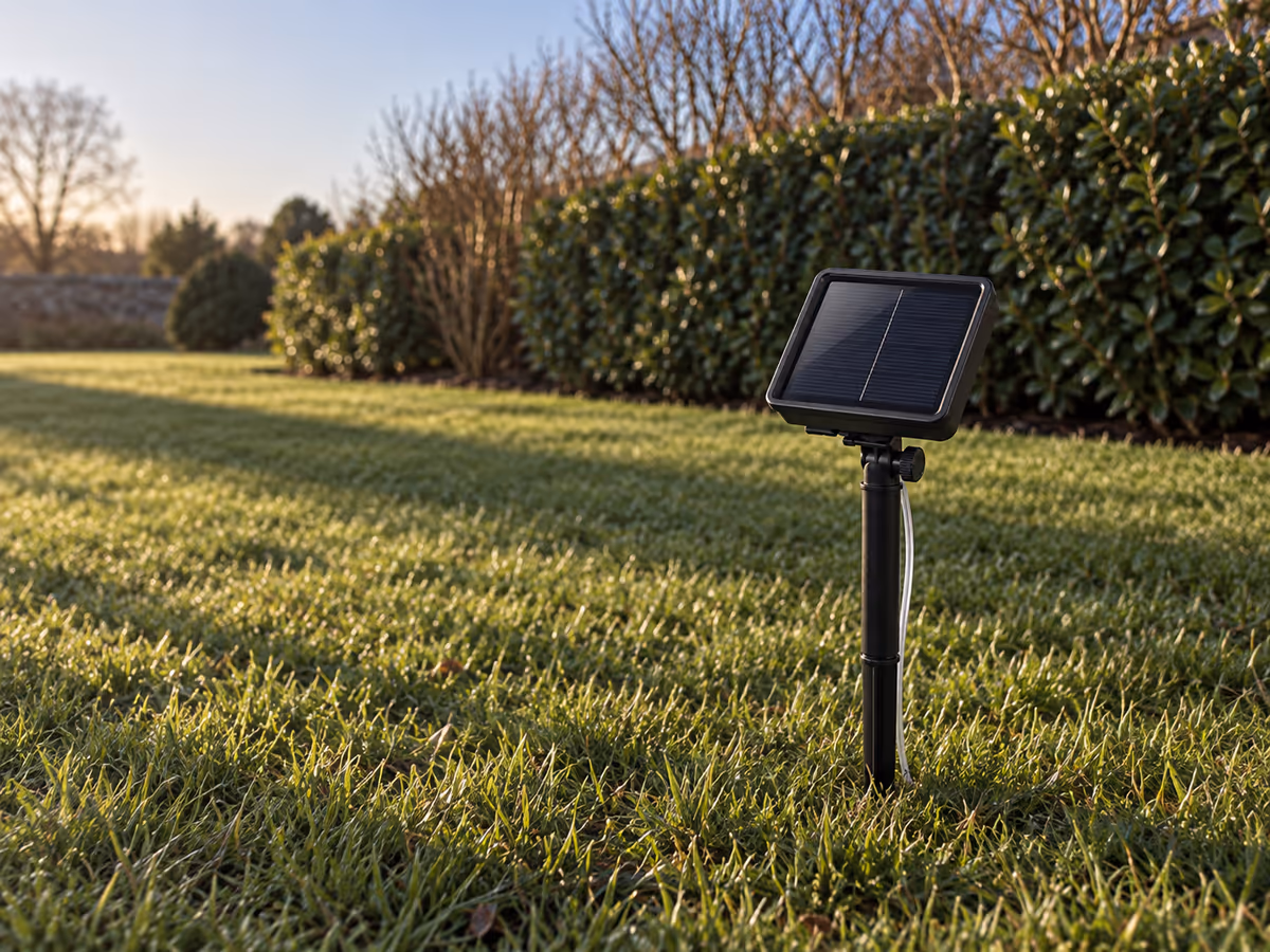 Petit panneau solaire carré sur piquet planté dans une pelouse au soleil d'hiver, ombre longue d'une haie proche