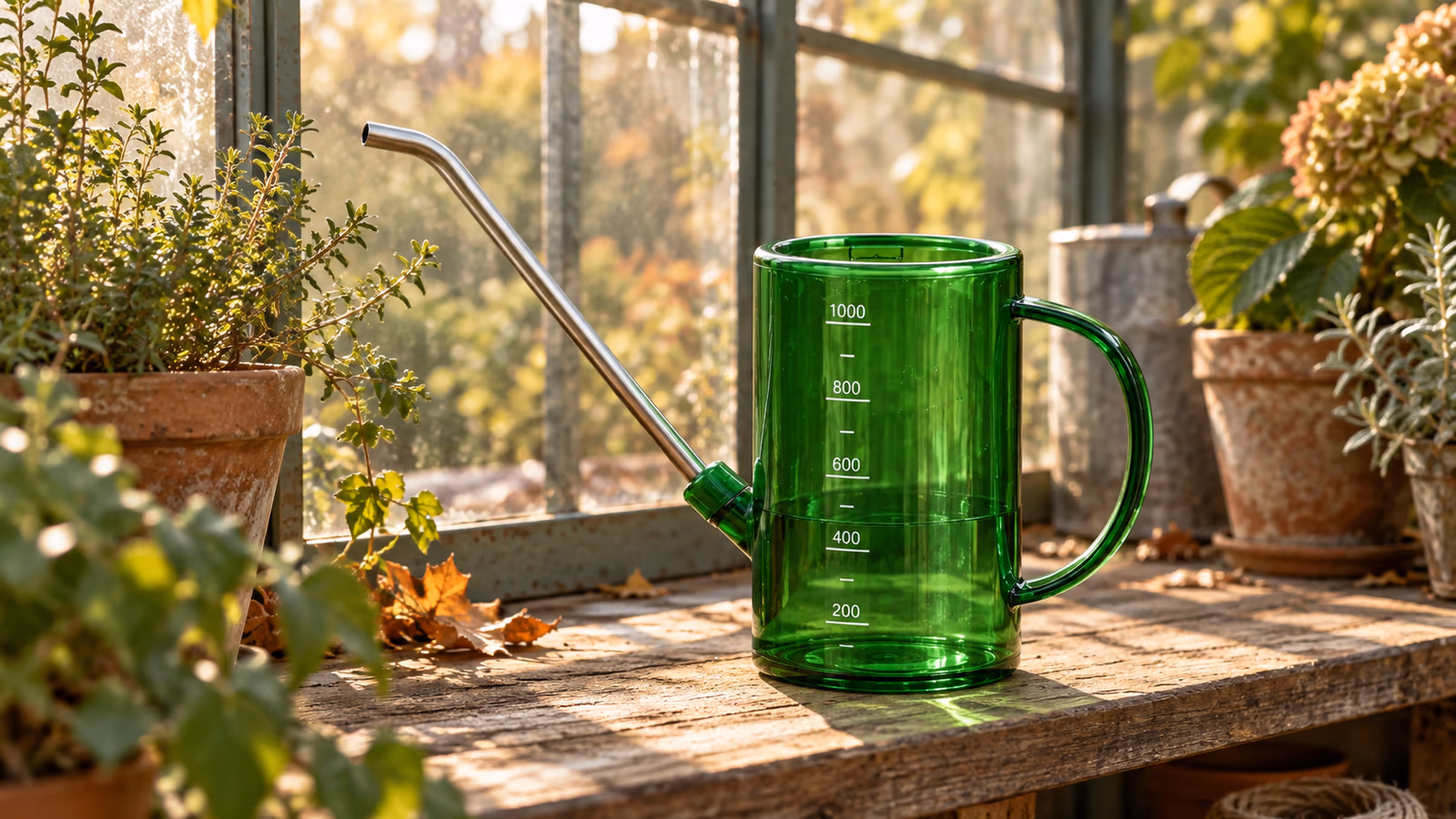 Arrosoir vert à long bec inox posé sur une étagère de serre, lumière douce de fin de journée