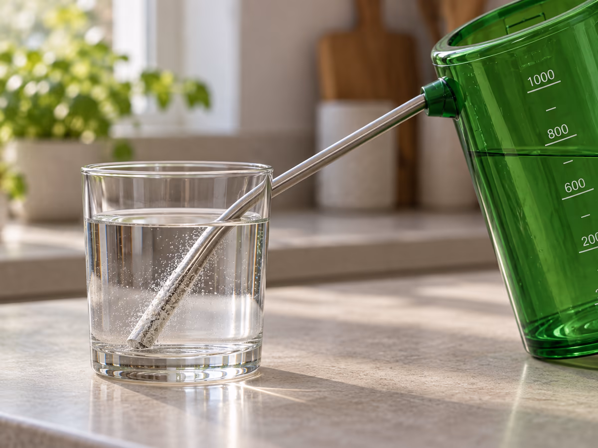 Bec en acier inoxydable trempé dans un verre de vinaigre blanc, bulles fines le long du métal