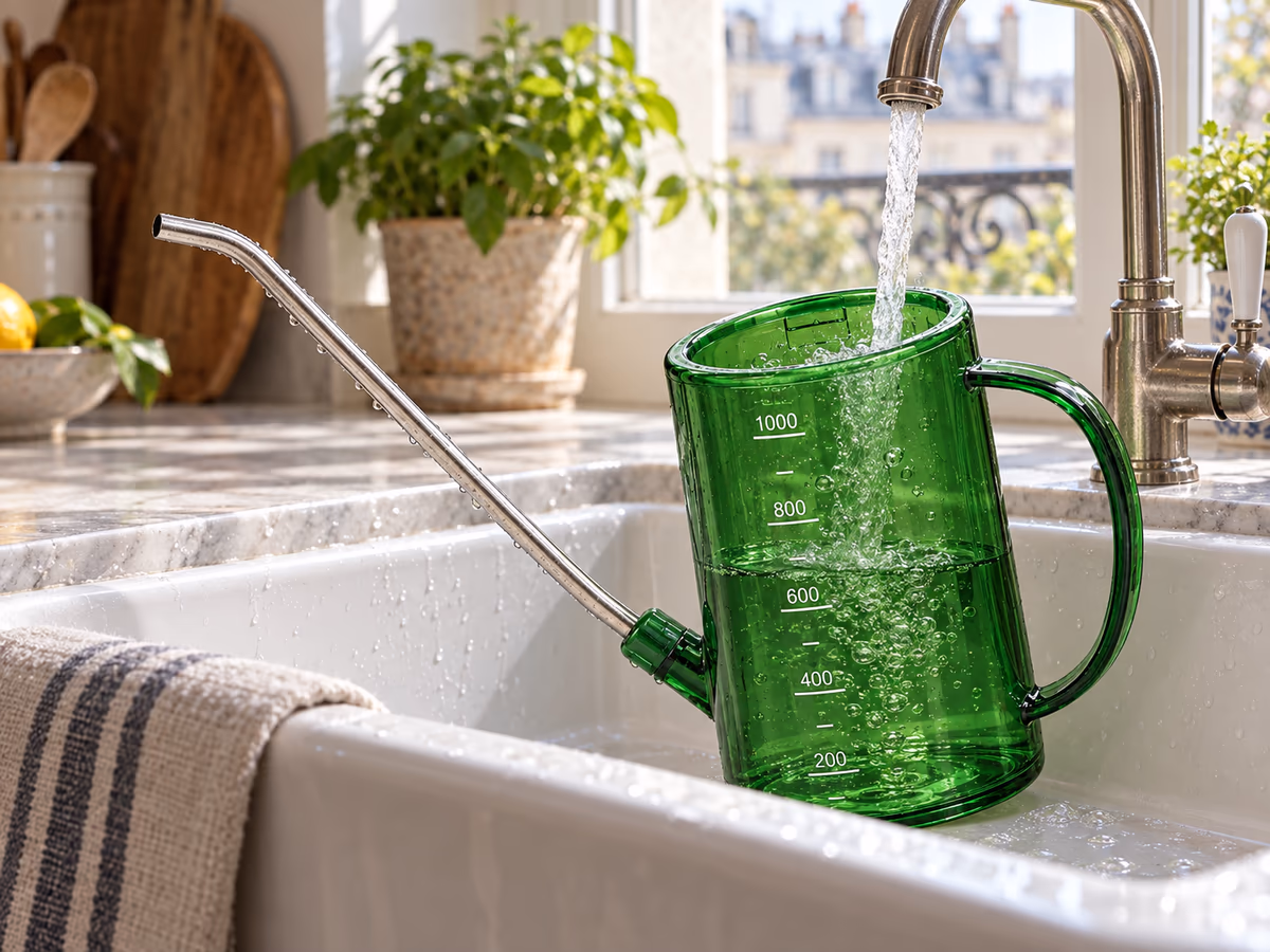 Rinçage d'un corps d'arrosoir translucide vert à l'eau claire au-dessus d'un évier, graduations visibles