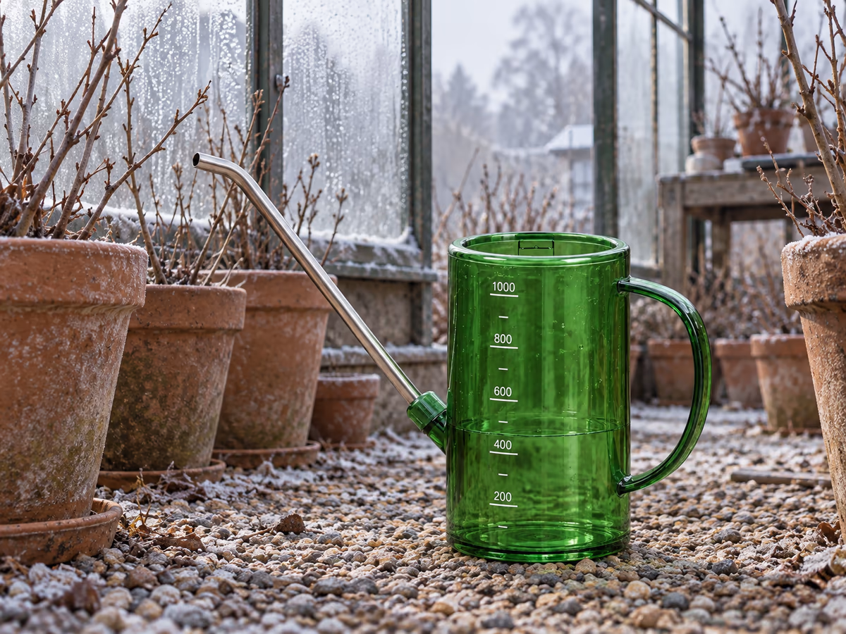 Arrosoir à bec long utilisé sous une serre froide en hiver, pots de plants ligneux au premier plan