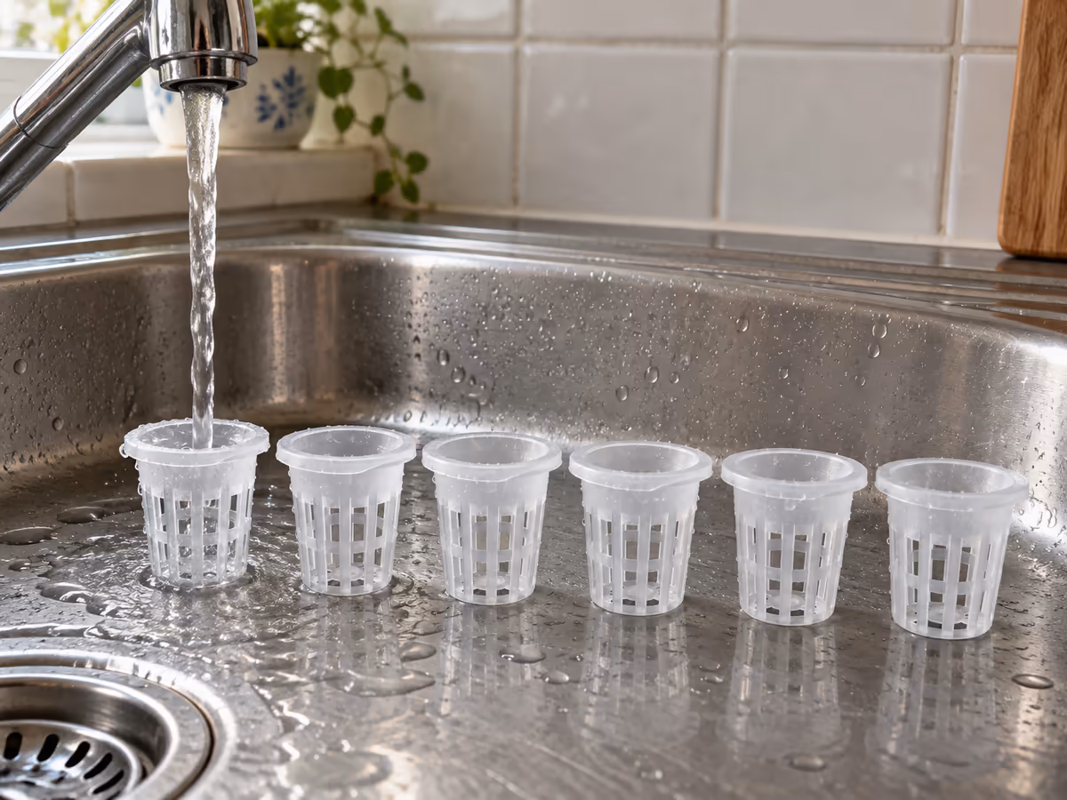 Six paniers en maille translucide rincés à l'eau claire dans un évier, un panier tenu sous le robinet