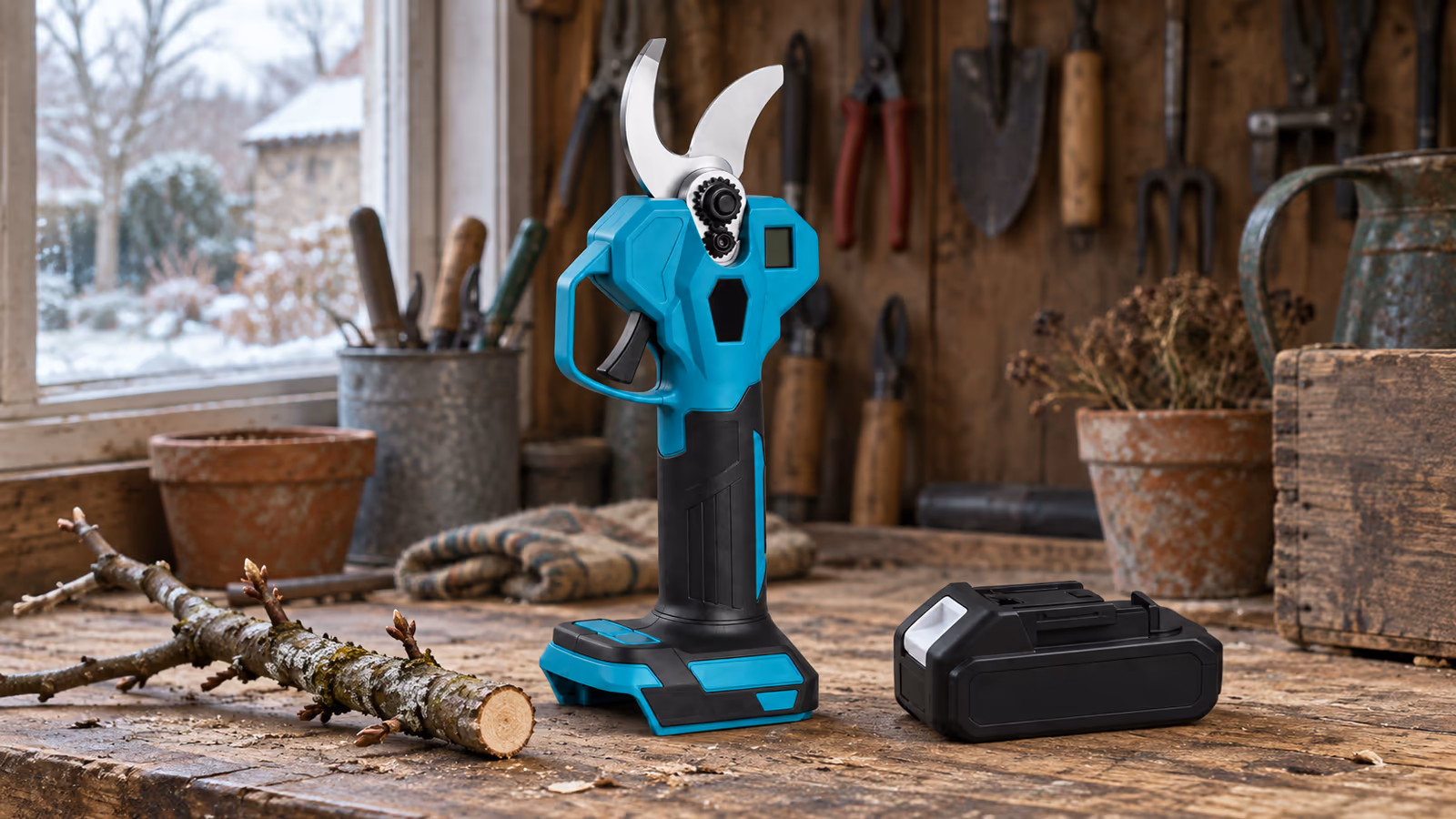 Sécateur électrique bleu et noir posé sur un établi de bois, lame ouverte, branche de pommier fraîchement coupée à côté