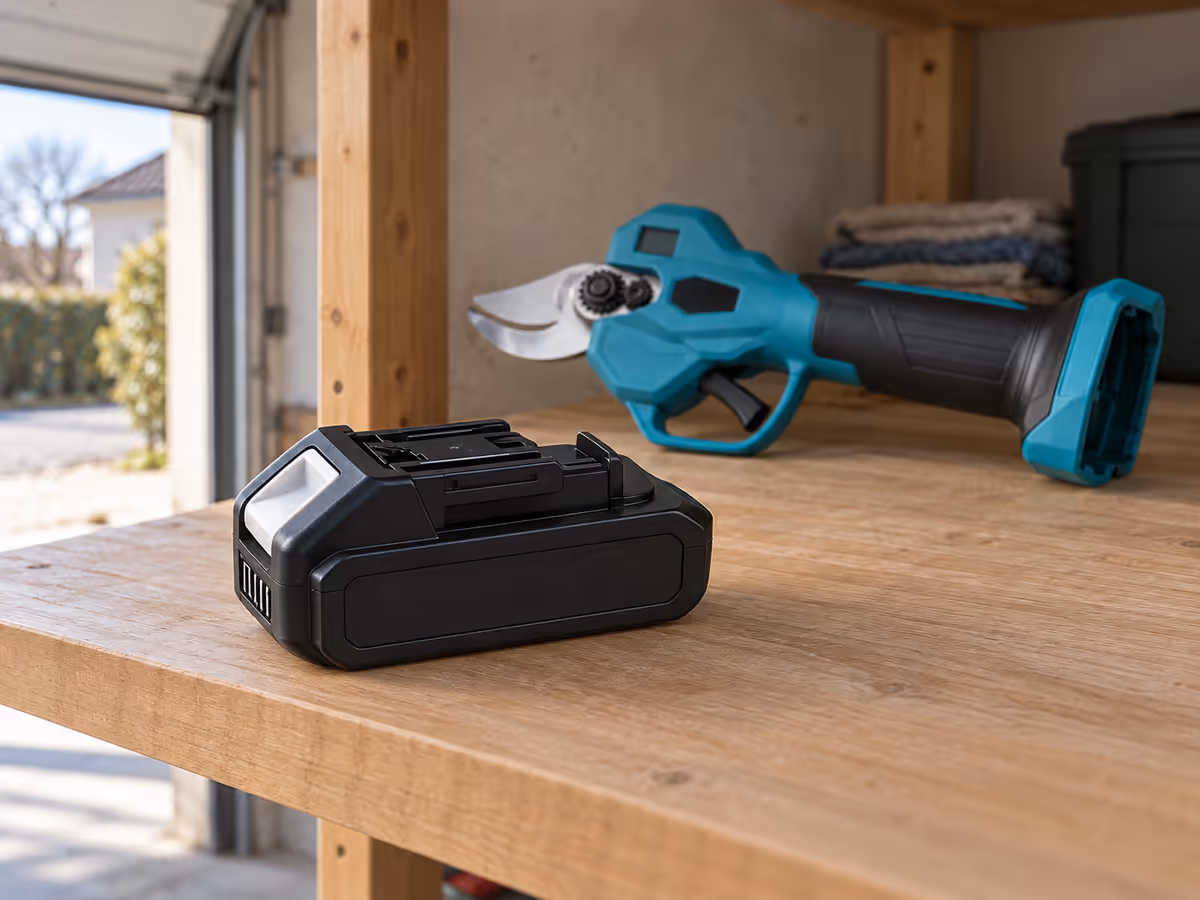 Batterie 21 V posée sur une étagère de garage tempéré, sécateur replié au second plan et lumière douce par la porte