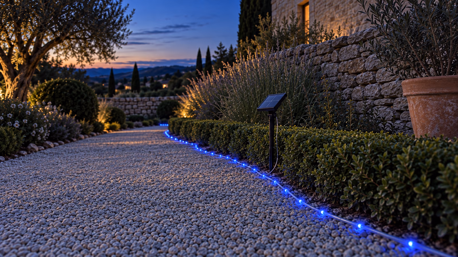 Corde lumineuse solaire installée le long d'une allée de jardin