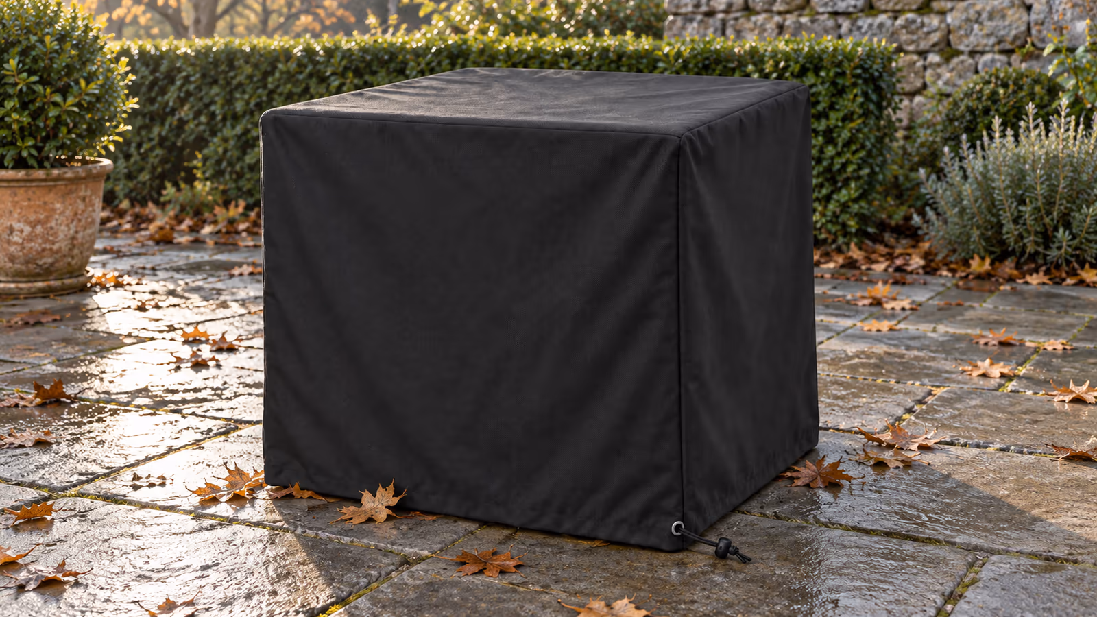 Bâche noire tendue sur une petite table de jardin carrée, retombée descendant jusqu'aux dalles et cordon serré à la base, terrasse en pavés un matin d'octobre