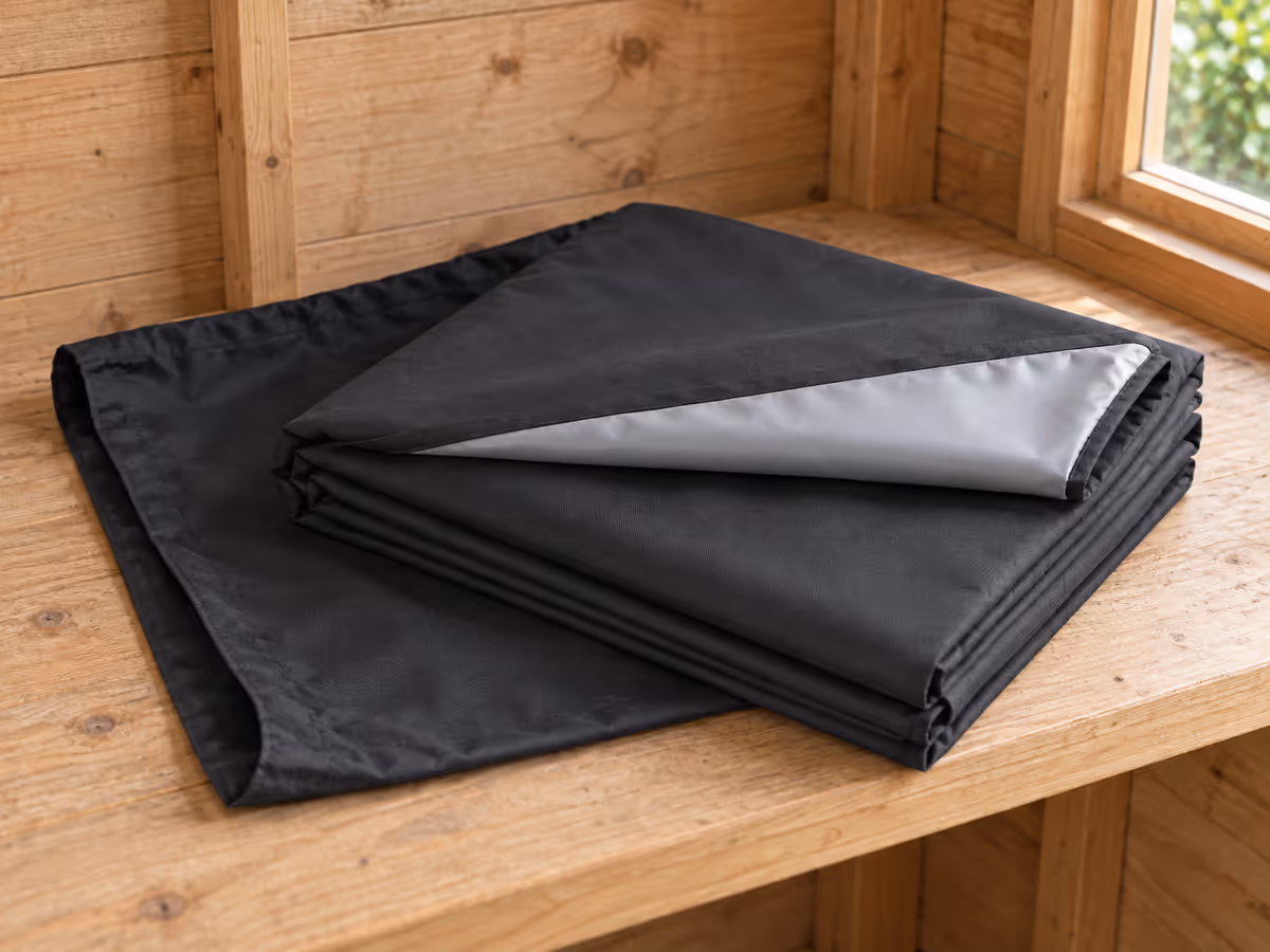 Bâche de table de jardin pliée posée sur son sac de rangement ouvert, doublure gris clair visible sur un pli, abri de jardin sec en arrière-plan