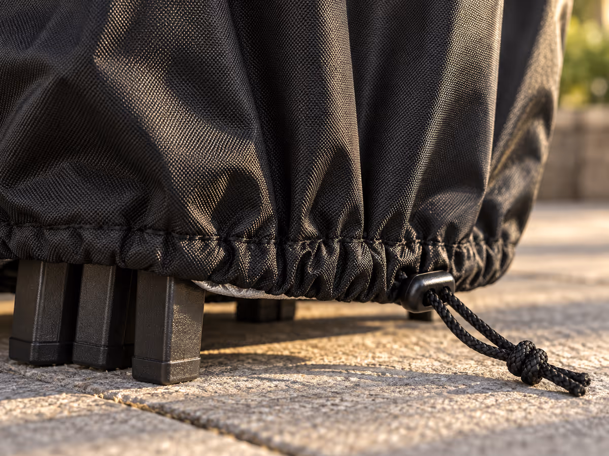 Cordon de serrage noir bloqué par un bloqueur plastique au pied d'une pile de chaises couverte, lumière rasante de fin d'après-midi