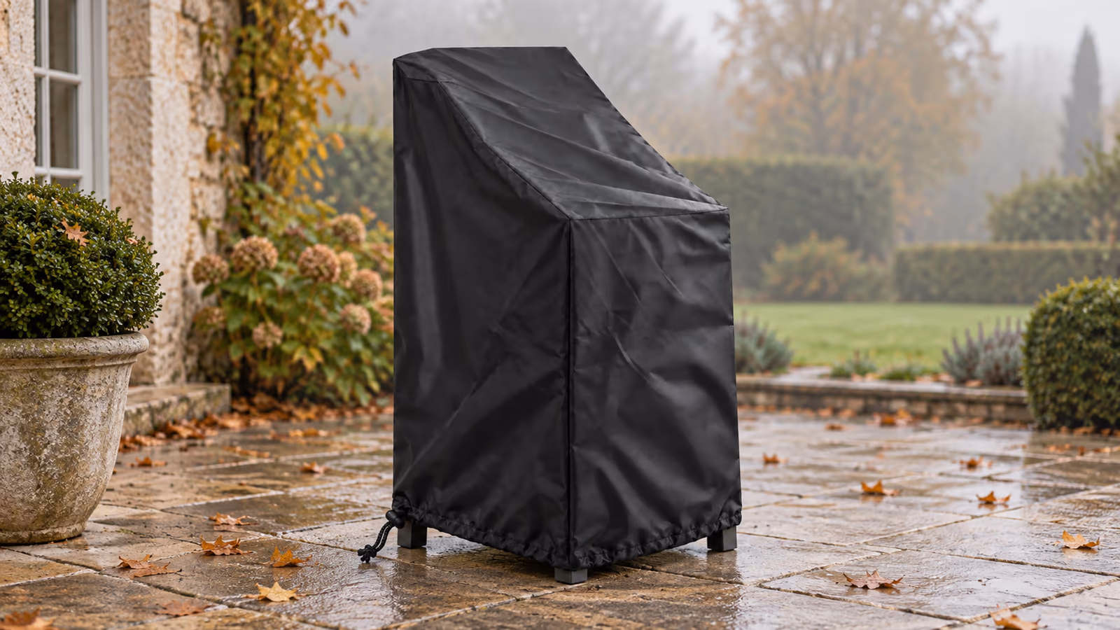 Pile de chaises de jardin en textilène noir couverte d'une housse sombre à cordon, terrasse pavée un matin d'octobre brumeux