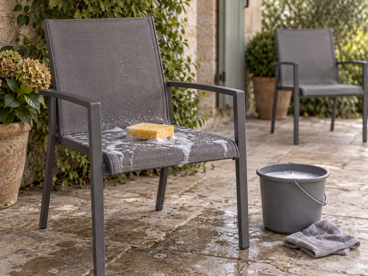 Assise de chaise en textilène gris nettoyée à l'éponge humide sur une terrasse à l'ombre, seau d'eau savonneuse posé au sol