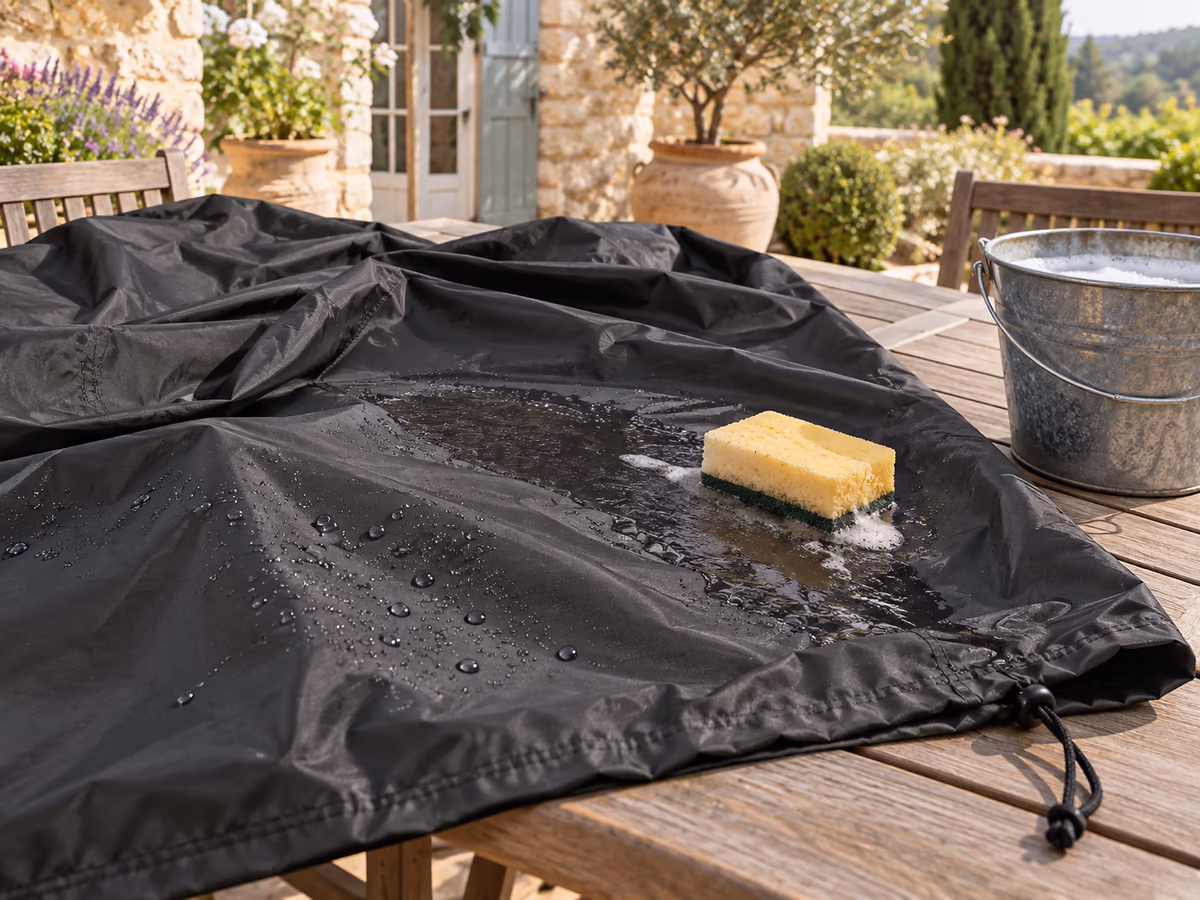 Toile noire de housse étendue sur une table de terrasse, nettoyée à l'éponge humide, seau d'eau savonneuse posé à côté