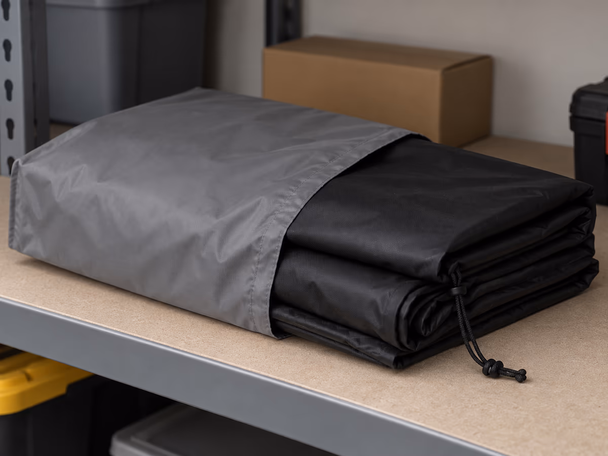 Toile de housse pliée en large glissée dans un sac de rangement gris, posée sur une étagère de garage à l'abri de la lumière