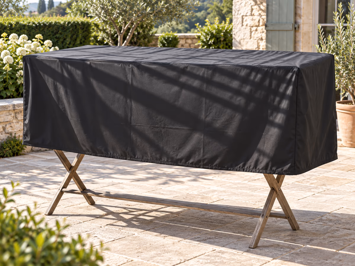 Toile de housse noire étendue en entier sur un étendage de terrasse, soleil léger de fin de matinée, ombre nette sur les lattes