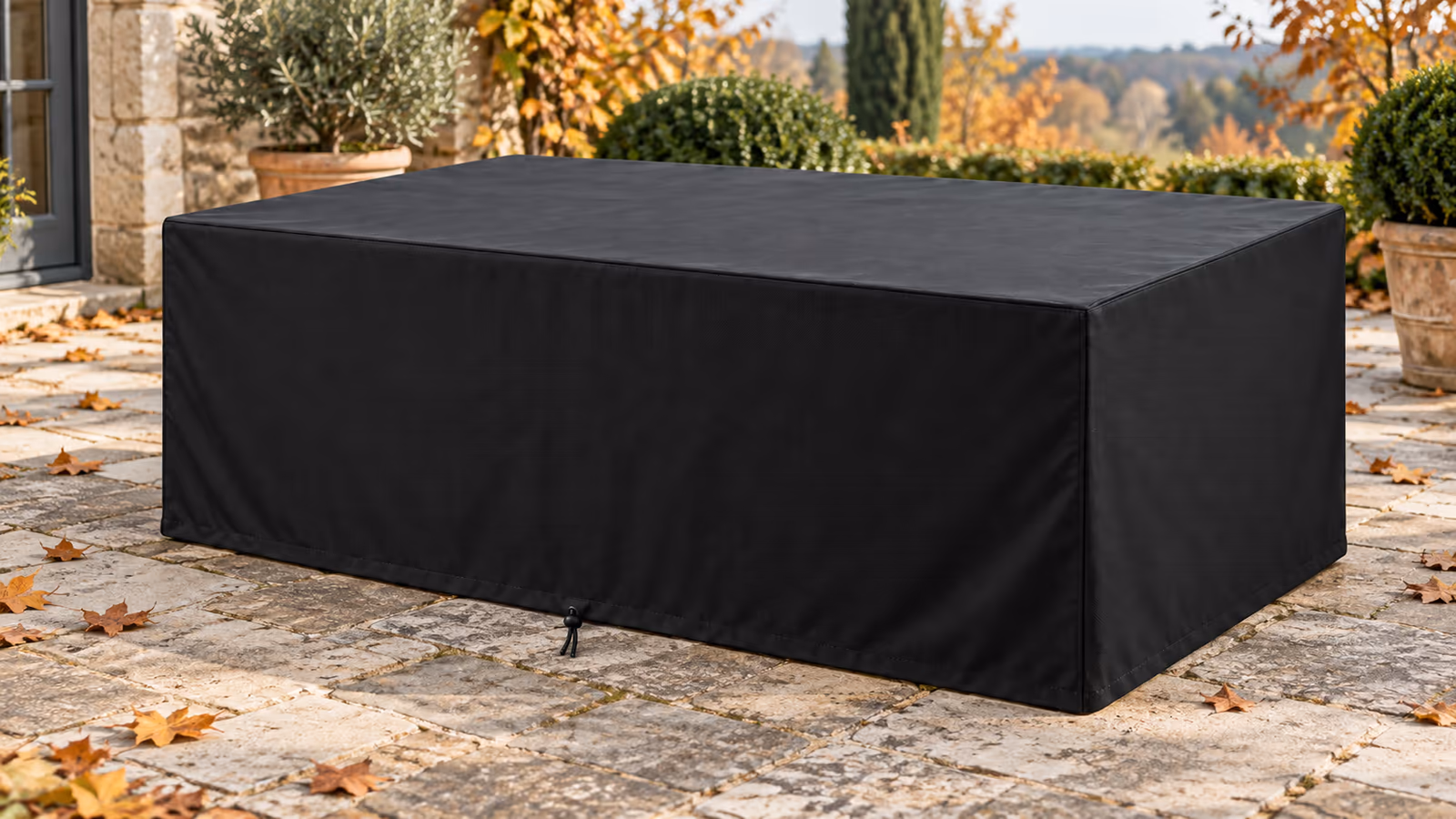 Table de jardin rectangulaire en bois couverte d'une housse noire jusqu'au sol, terrasse en pavés un matin d'octobre avec feuilles mortes