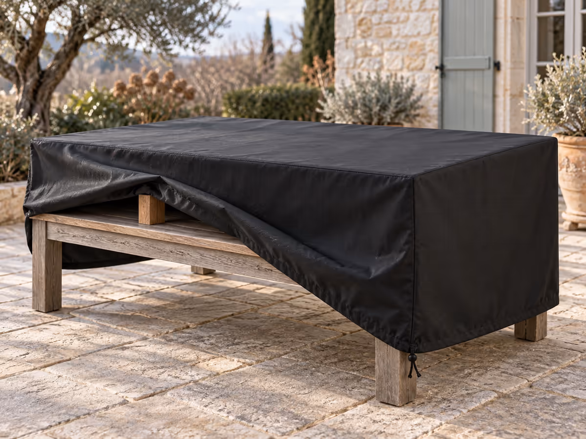 Retombée d'une housse de table de jardin soulevée par une journée douce d'hiver, plateau de bois sec visible dessous