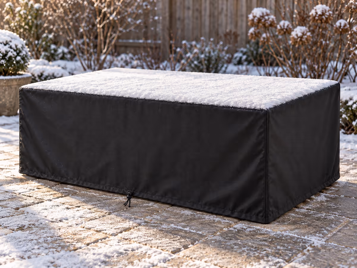Housse noire de table de jardin couverte d'une fine couche de neige, cordon noué au bas de la retombée, terrasse au matin