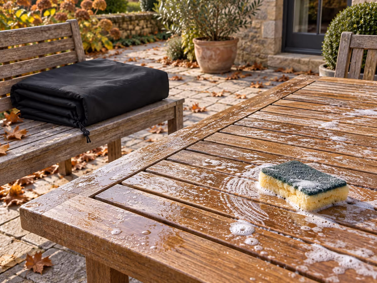 Plateau de table de jardin en bois brossé à l'eau savonneuse un matin d'octobre, feuilles mortes sur les pavés autour