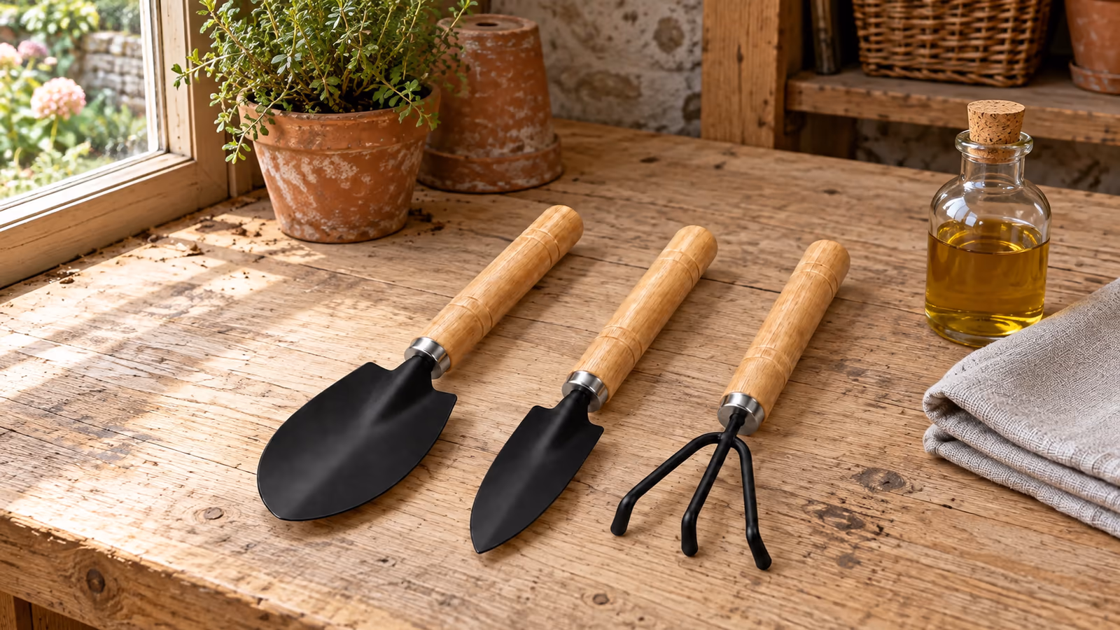 Mini kit de jardinage trois pièces posé sur un établi clair, manches en bois tourné alignés, têtes métalliques sombres, chiffon et petite fiole d'huile à côté