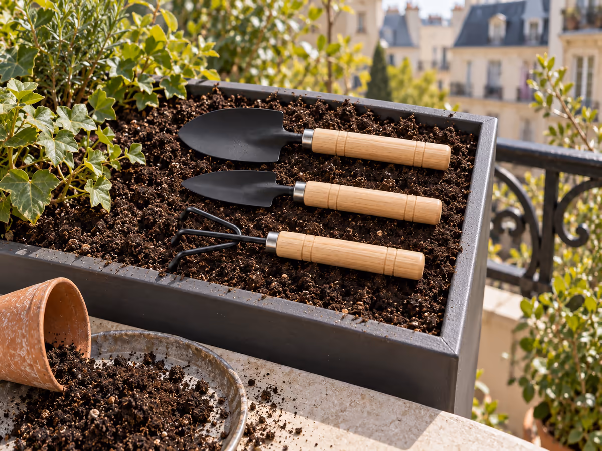Trois outils à main posés au bord d'une jardinière de balcon, terreau frais étalé sur un plateau et pot vide renversé à côté, lumière franche de printemps