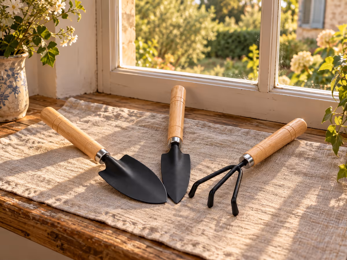 Les trois outils du kit posés tête contre tête sur un torchon clair près d'un rebord de fenêtre, manches en bois tourné vers l'extérieur, lumière de fin d'après-midi