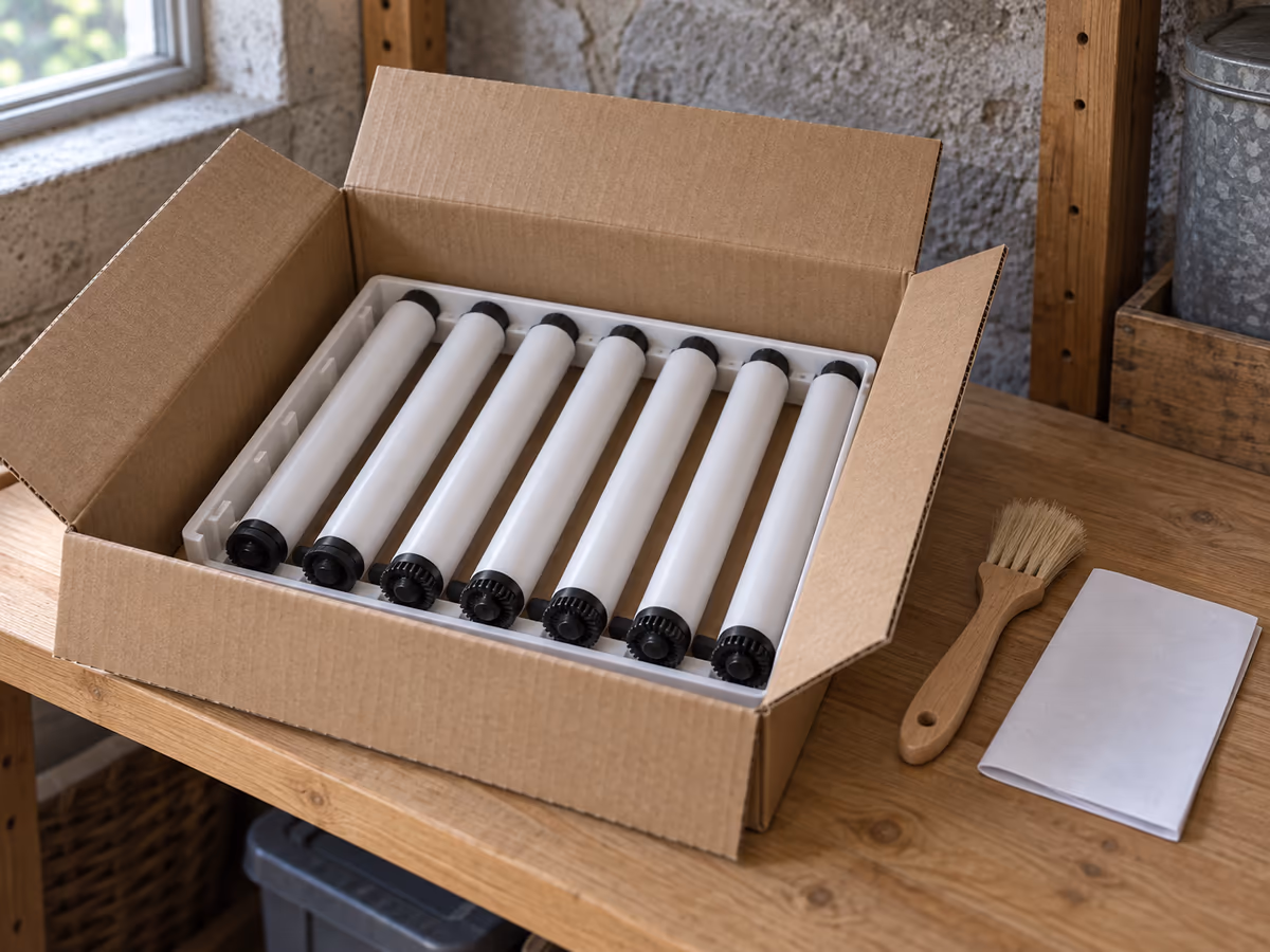 Tiroir à rouleaux rangé à plat dans un carton ouvert sur une étagère de cellier, pinceau sec et notice posés à côté