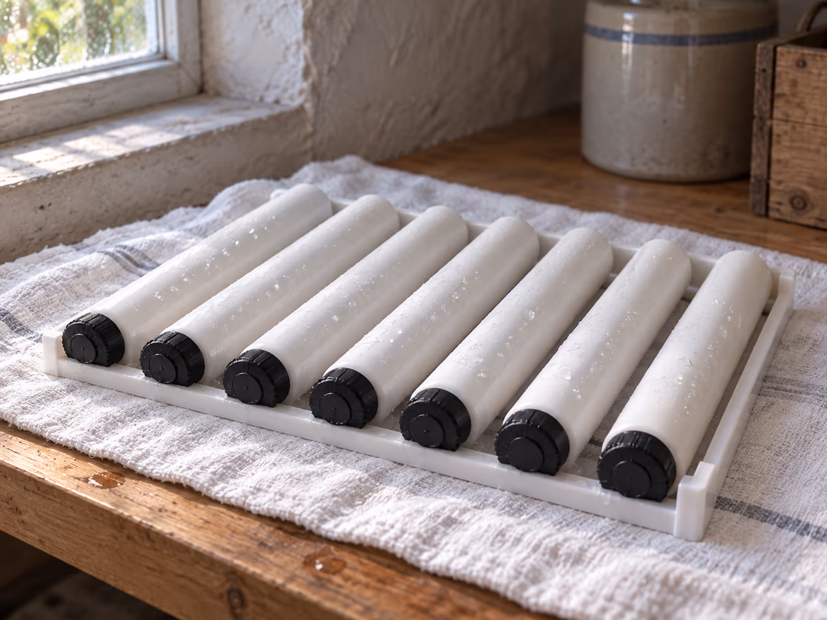 Tiroir à rouleaux blancs posé à plat sur un linge propre près d'une fenêtre de cellier, l'eau perle encore entre les barres