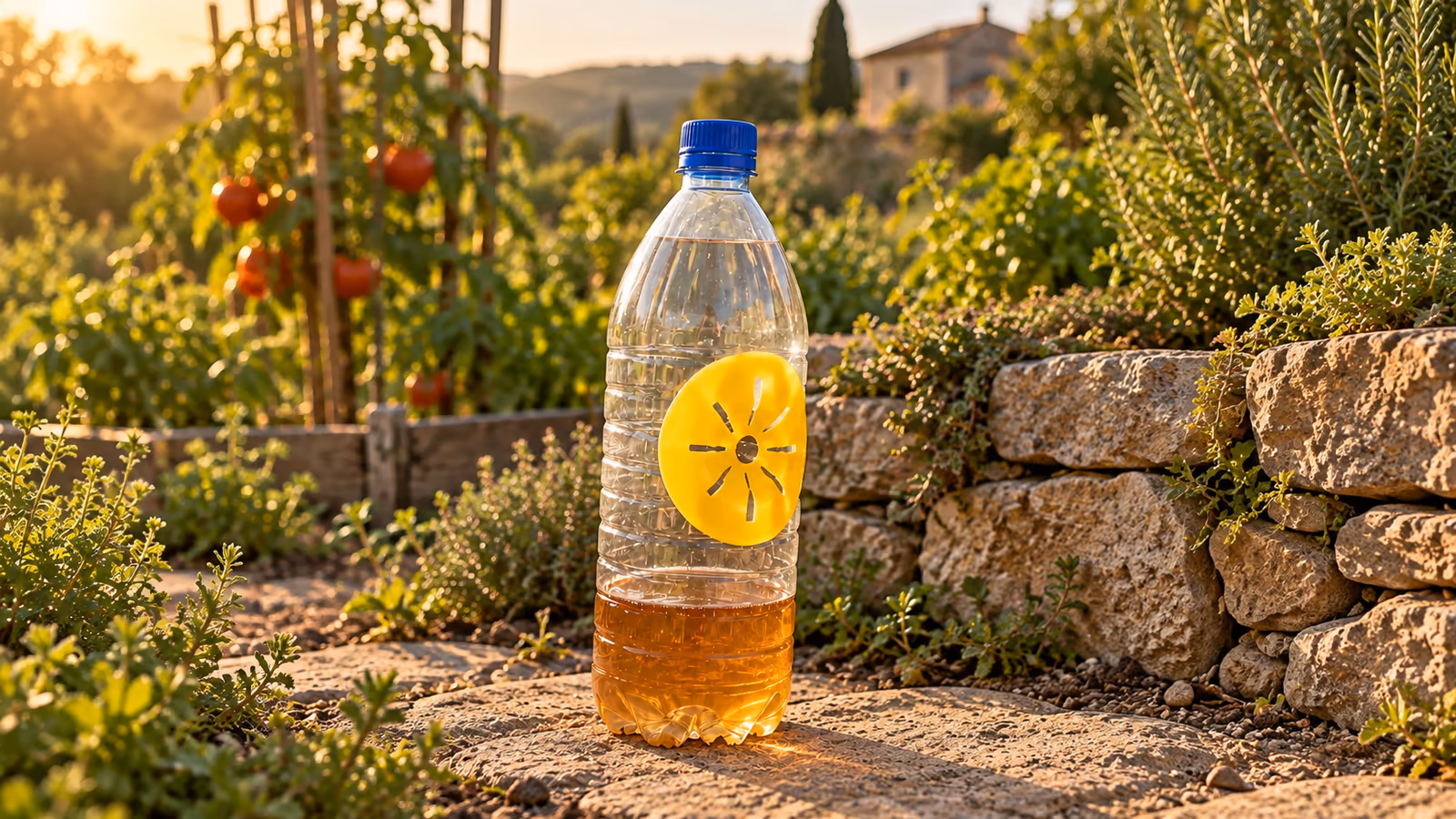 Bouteille plastique à fond d'appât ambré, pièce jaune plaquée sur la paroi, posée contre un muret de jardin en fin de journée